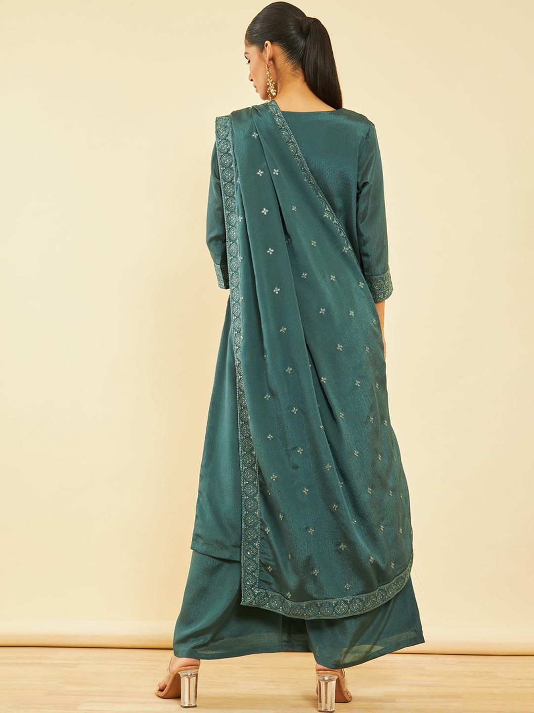 Dhiyona SO Women's Ethnic Motifs Yoke Design Regular Sequinned Kurta with Palazzos & Dupatta