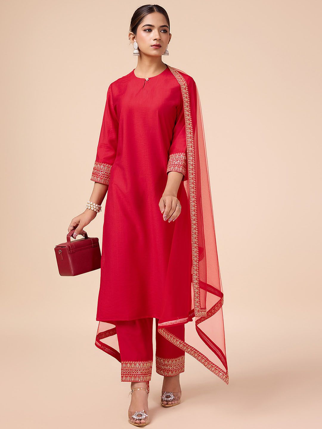 Dhiyona PD Women Self Design Sequinned Embroidered Kurta With Trouser & Dupatta