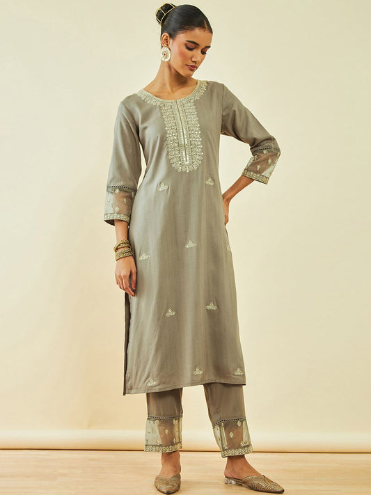 Dhiyona SO Women's Brown Ethnic Motifs Embroidered Regular Sequinned Kurta With Trousers
