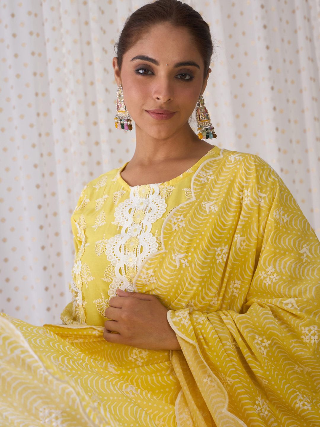 Round Neck Floral Embroidered Pure Cotton Straight Kurta with Trouser & Dupatta