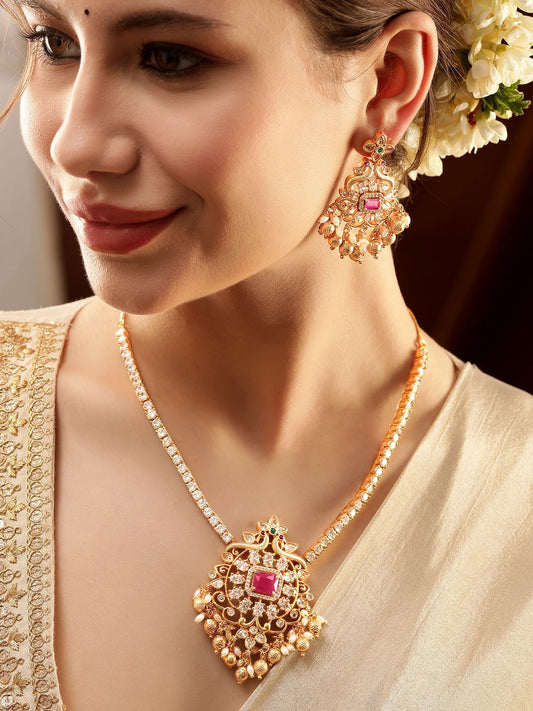 Dhiyona RJ Women's 22K Gold Plated Ruby & Cubic Zirconia Studded Jewellery Set with Gold & Pearl Beads