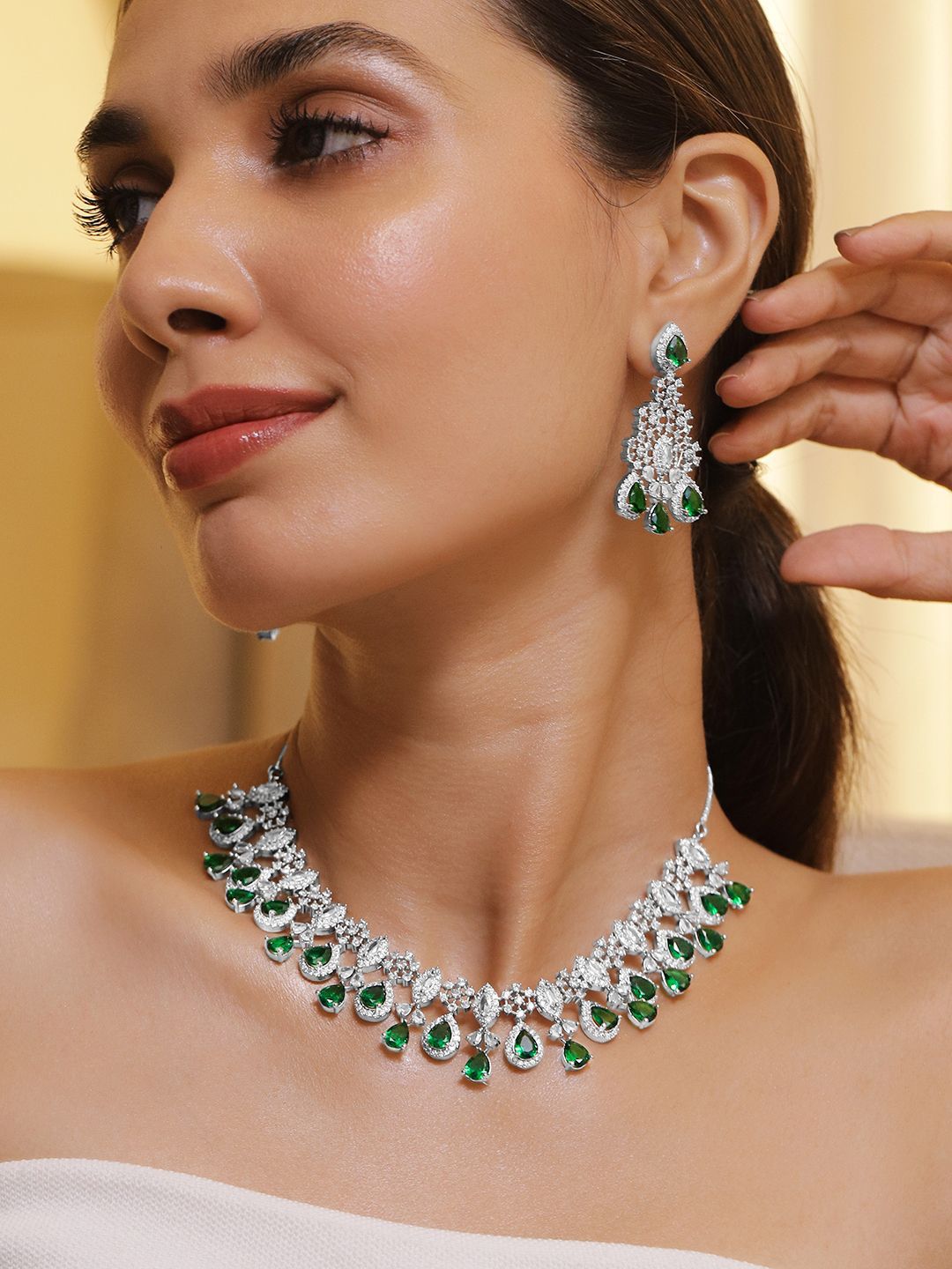 Dhiyona RJ Women's Rhodium Plated Emerald Green & White Cubic Zirconia Studded Statement Jewellery Set