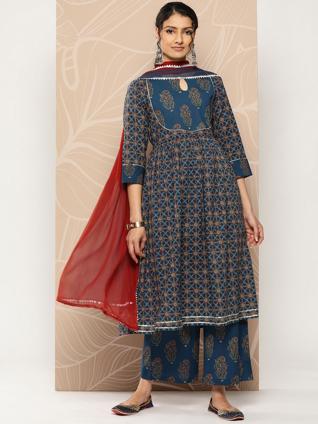 Dhiyona VA Women'sFloral Printed Empire Pure Cotton Kurta With Trousers & Dupatta