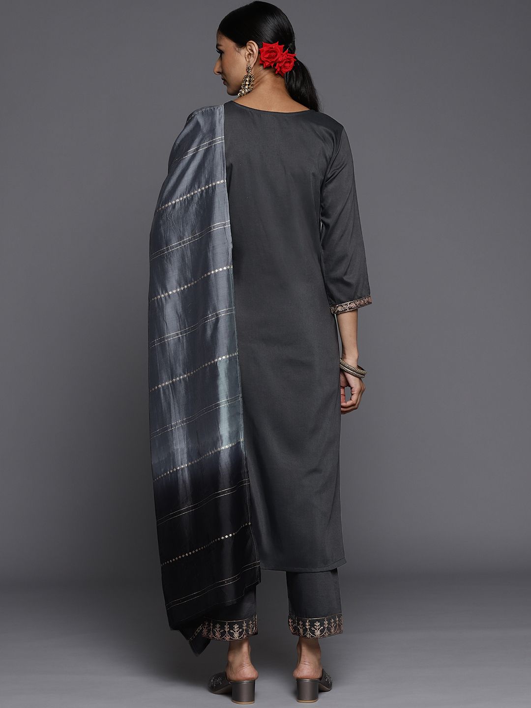 Dhiyona VA Women's Grey Ethnic Motifs Yoke Design Kurta with Trousers & With Dupatta