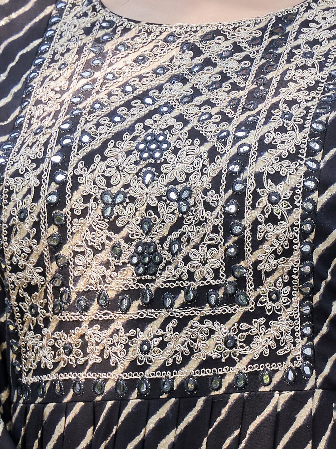 Dhiyona IE Black Leheriya Printed Mirror Work A-Line Kurta & Trousers & With Dupatta