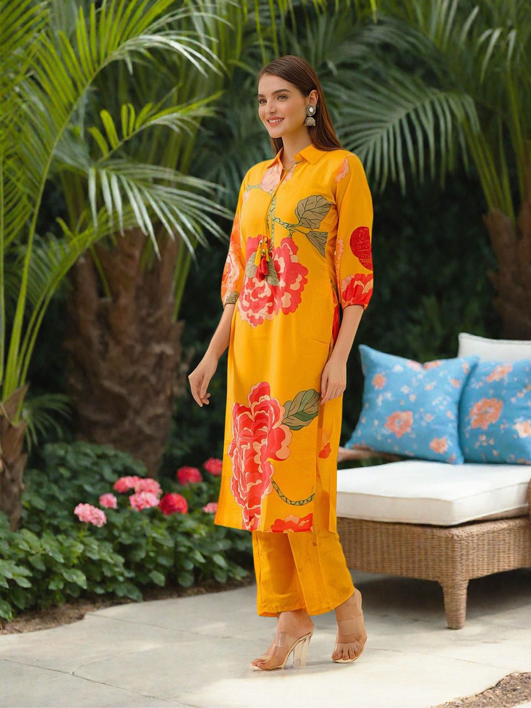 Dhiyona IS Women's Floral Printed Regular Cotton Kurta with Palazzos
