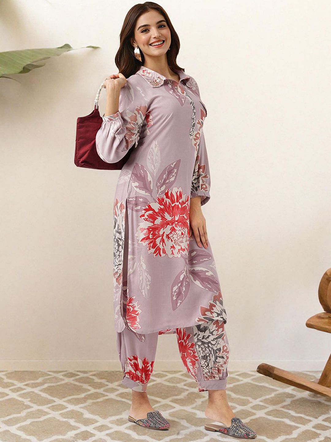 Dhiyona IS Women's Floral Printed Shirt Collar Straight Kurta With Trousers