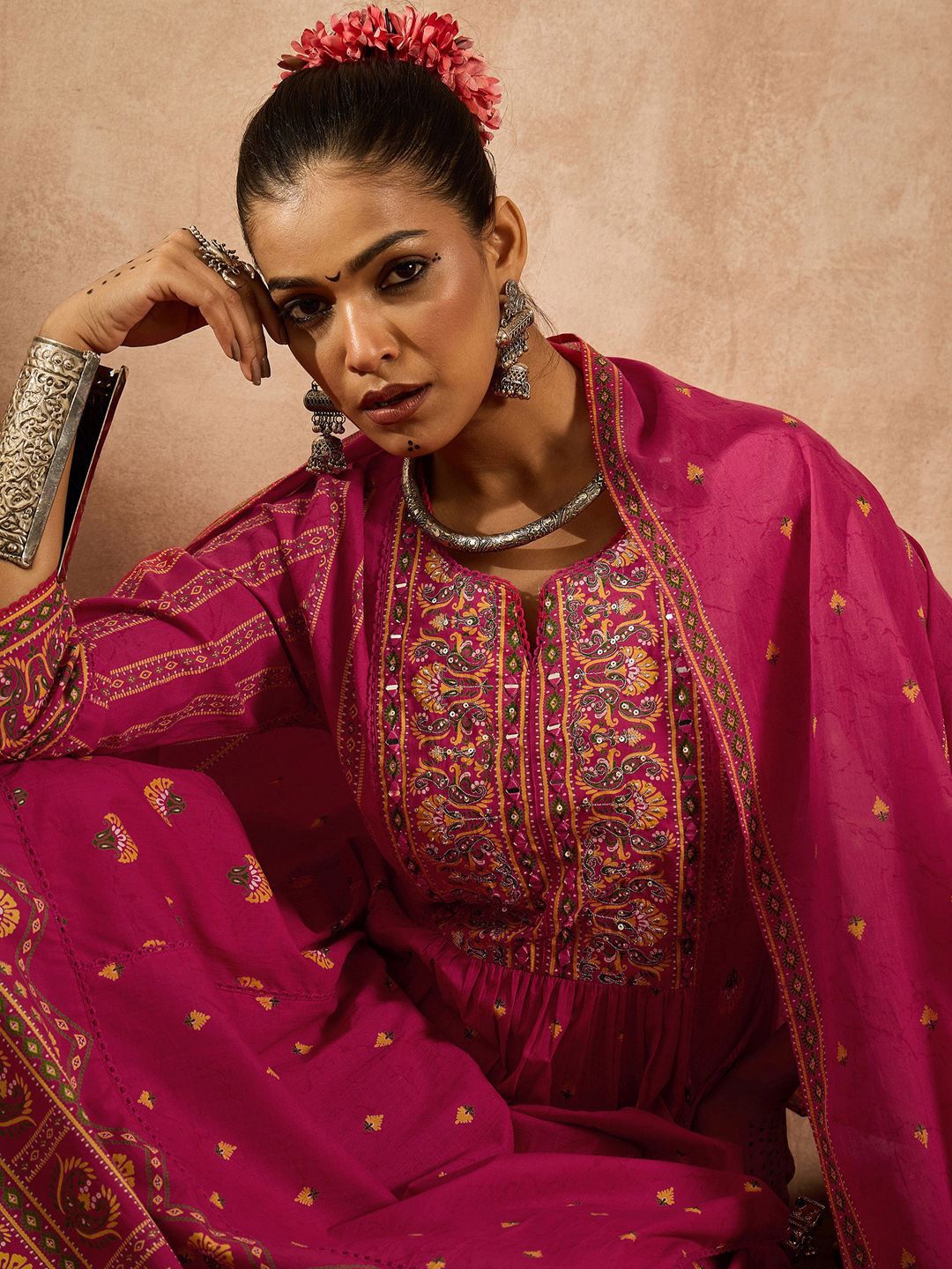 Dhiyona IE Women Floral Printed Panelled Mirror Work Pure Cotton Kurta with Trousers & With Dupatta