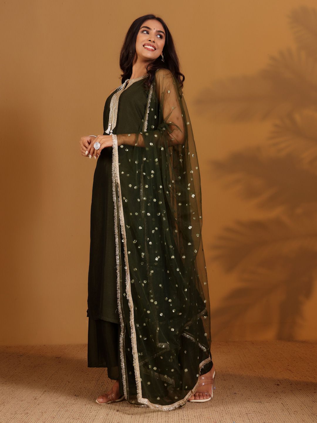 Dhiyona VA Women'sGotta Patti Keyhole Neck Straight Kurta With Trousers & Dupatta