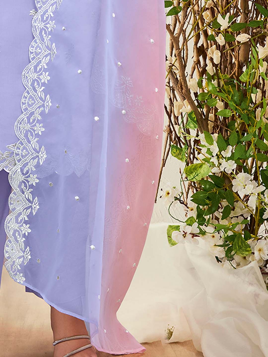 Dhiyona IE Lavender Floral Embroidered Round Neck Thread Work Kurta with Trousers & Dupatta