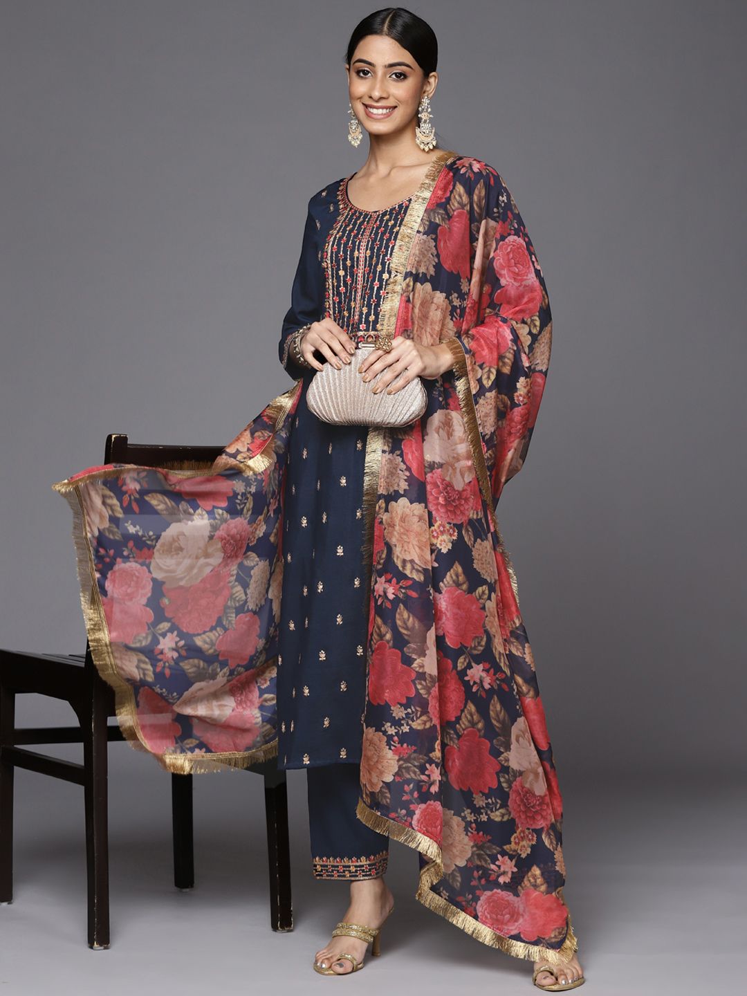 Dhiyona VA Women's Blue Embroidered Kurta with Trousers & With Dupatta