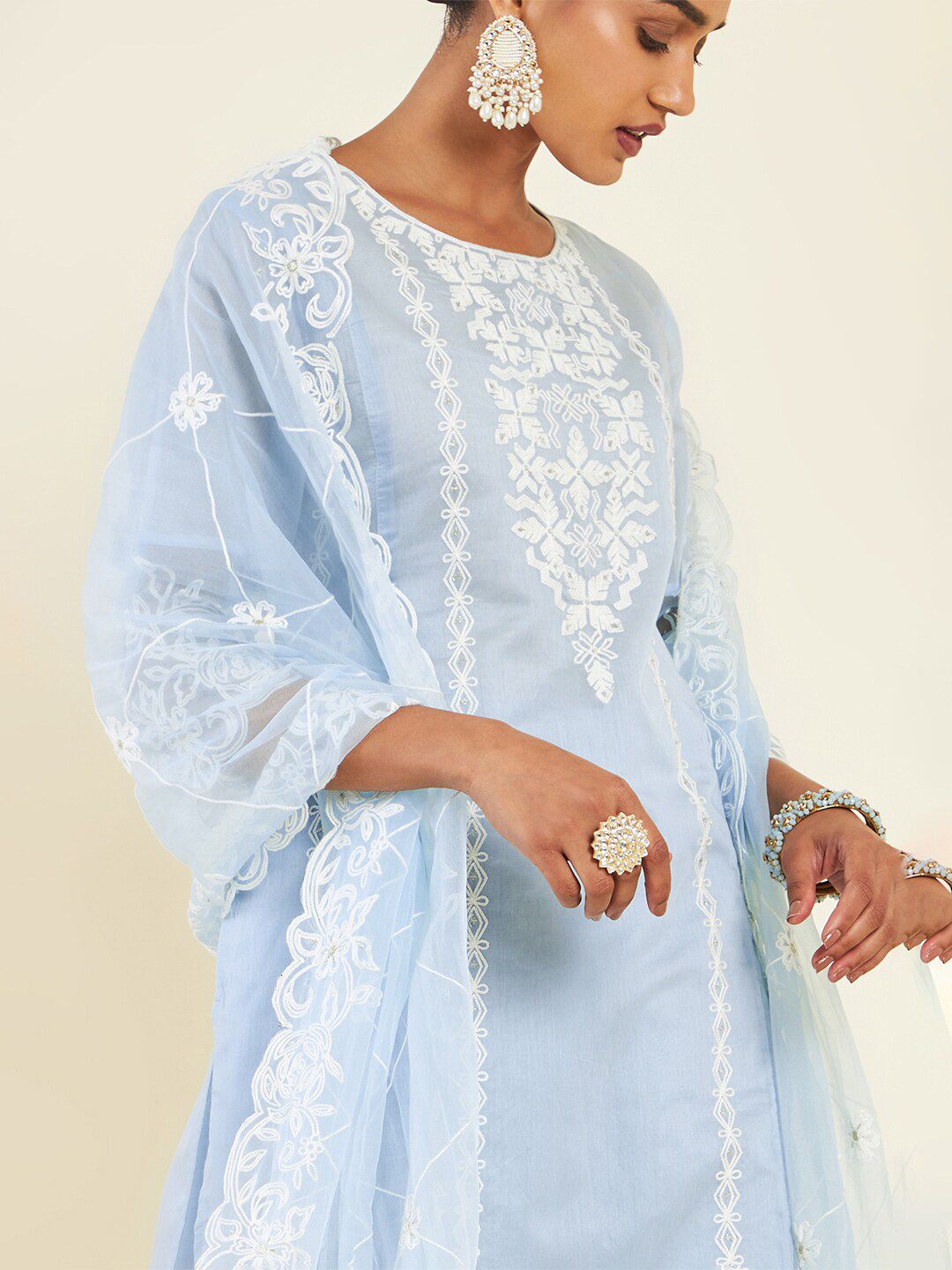 Dhiyona SO Women's Blue & White Floral Embroidered Chanderi Silk Kurta With Trousers & Dupatta