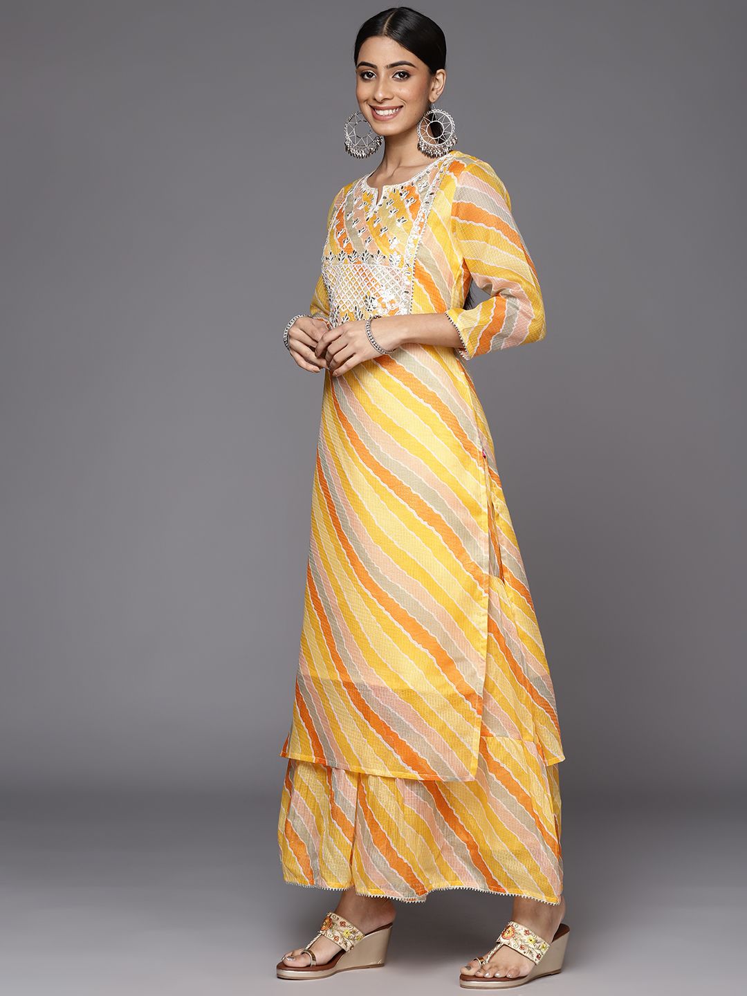 Dhiyona VA Women's Yellow Leheriya Printed Gotta Patti Chanderi Cotton Kurta with Sharara & With Dupatta