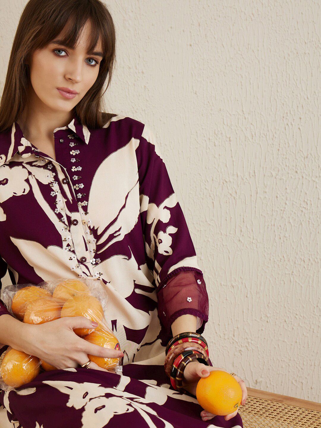 Dhiyona IE Shirt Collar Floral Printed Straight Kurta with Trouser