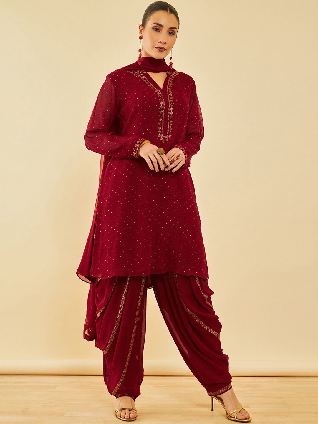 Dhiyona SO Women's Red Ethnic Motifs Yoke Design Beads and Stones Georgette Kurta With Salwar & Dupatta