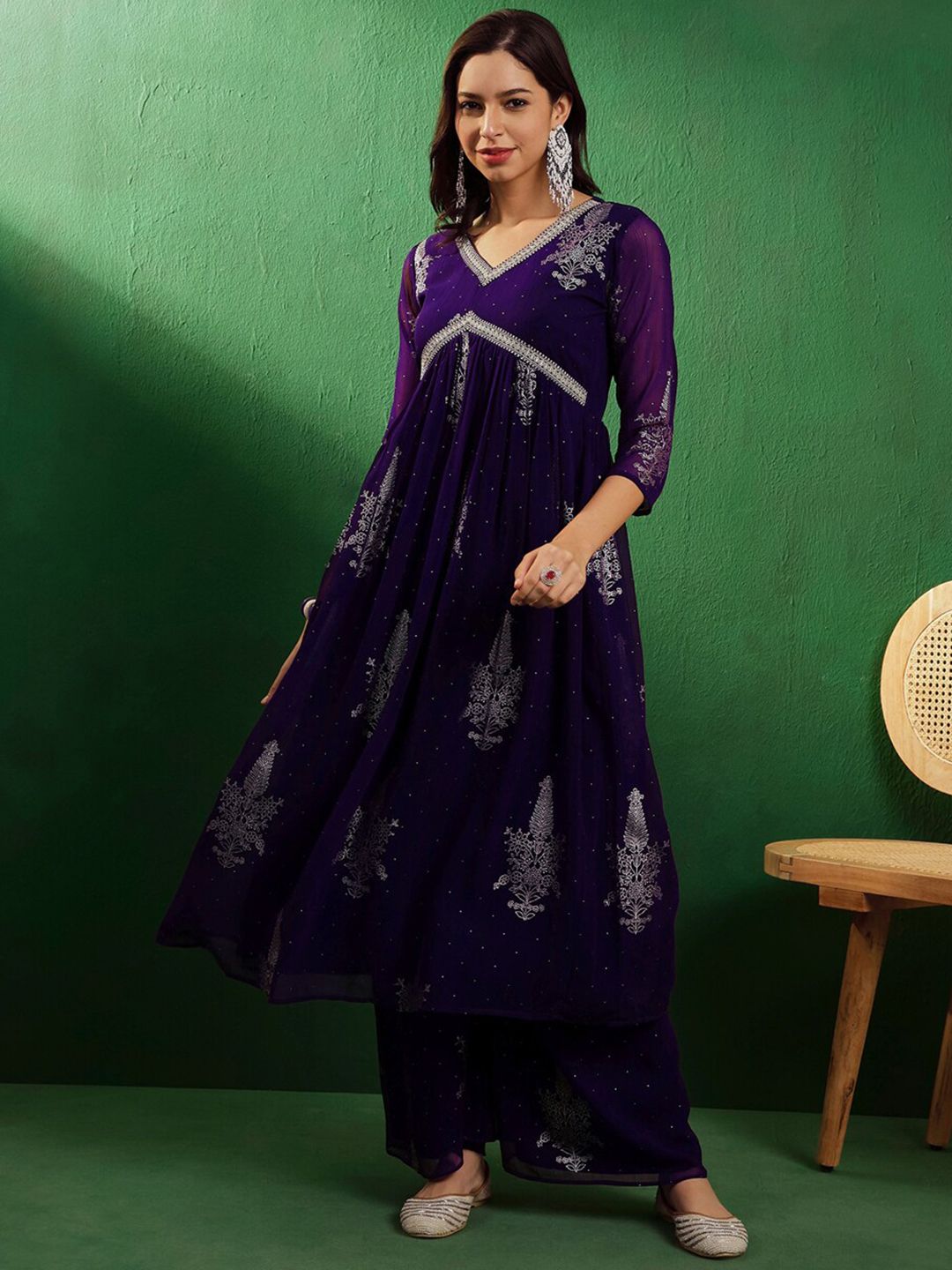 Dhiyona SN Women's V-neck Three quarter regular sleeves Alia Cut Printed Kurta Set