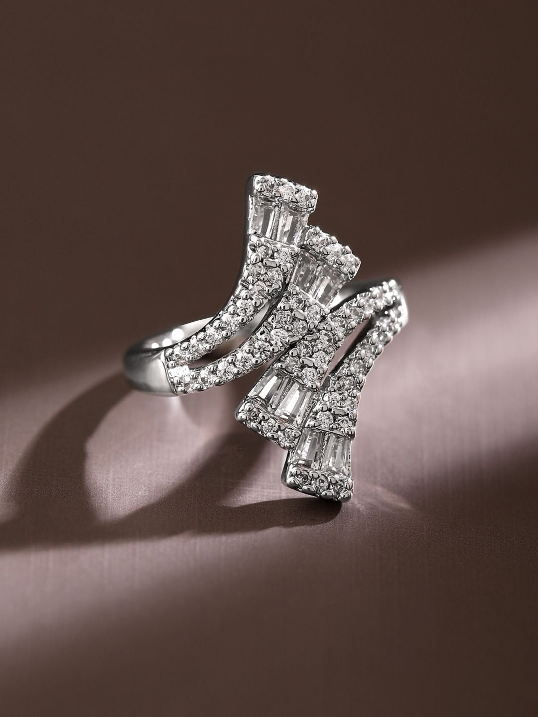 Dhiyona RJ Women's Rhodium Plated Baguette & Cubic Zirconia Studded Adjustable Openable Statement Ring