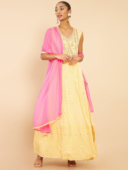 Dhiyona SO Women's Floral Embroidered Angrakha Sequinned Kurta with Churidar & Dupatta