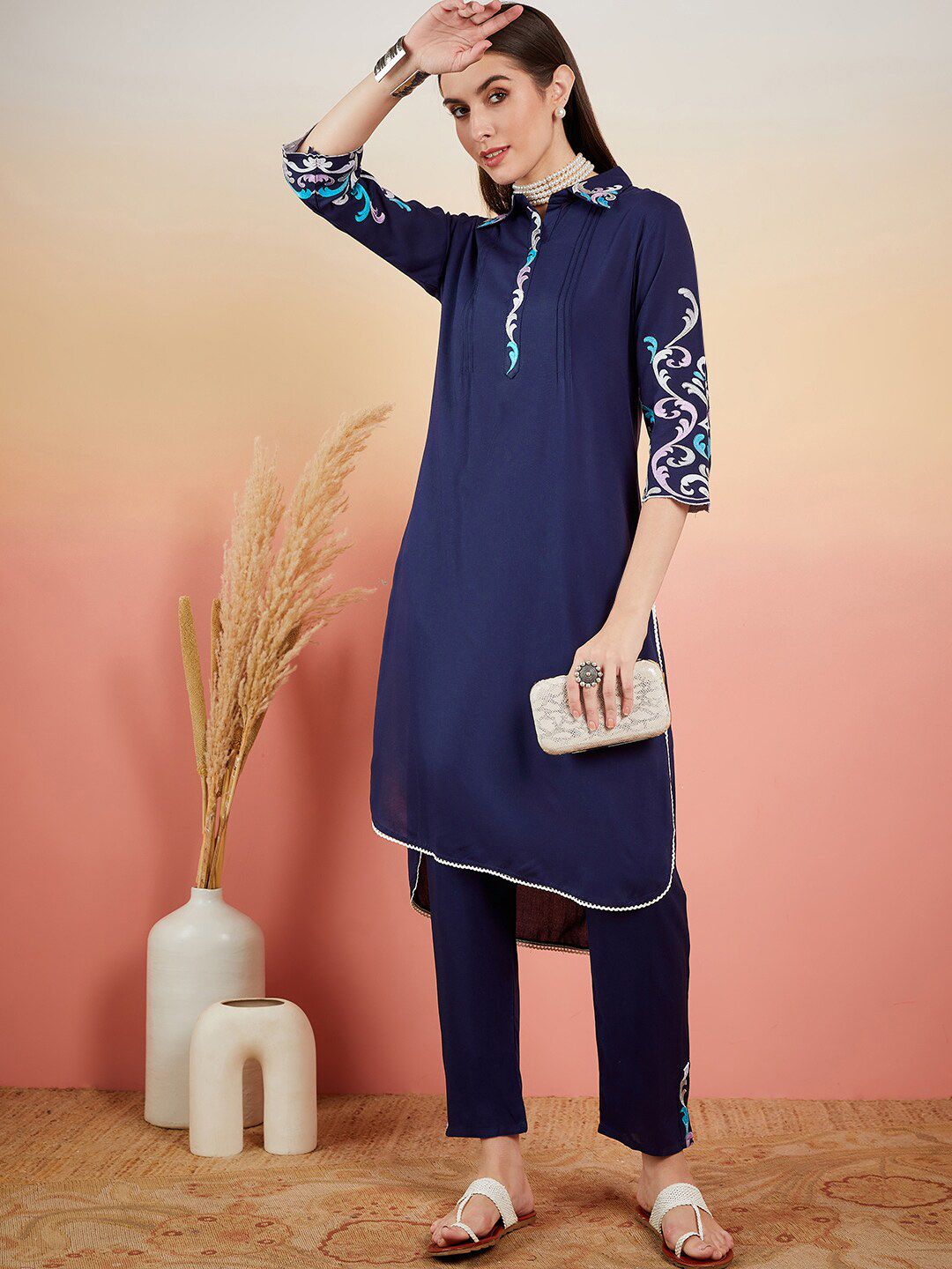 Dhiyona SN Women's Navy Blue Floral Embroidered Shirt Collar Straight Kurta & Trousers