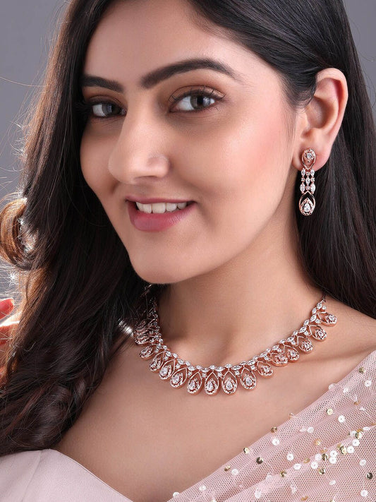 Dhiyona RJ Women's Rose Gold- Plated White CZ-Studded Handcrafted Statement Necklace Set