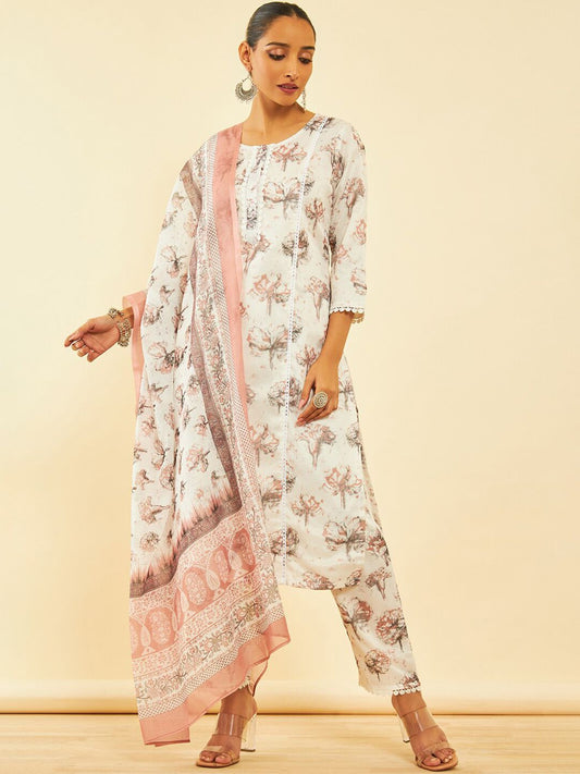 Dhiyona SO Women's Floral Printed Straight Kurta & Trousers With Dupatta