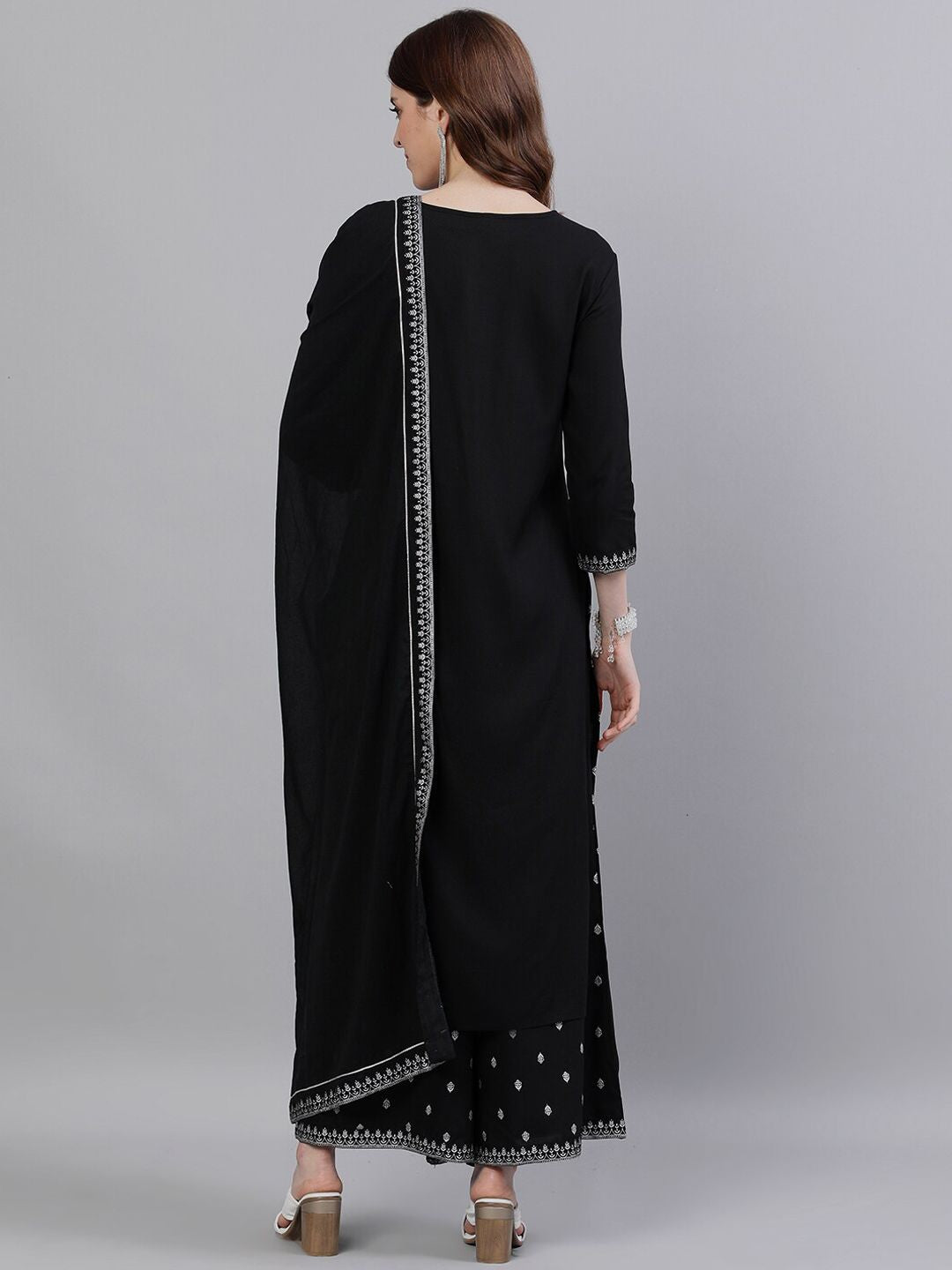 Dhiyona IS Women's Women Black Ethnic Motifs Printed Panelled Kurta with Palazzos & Dupatta