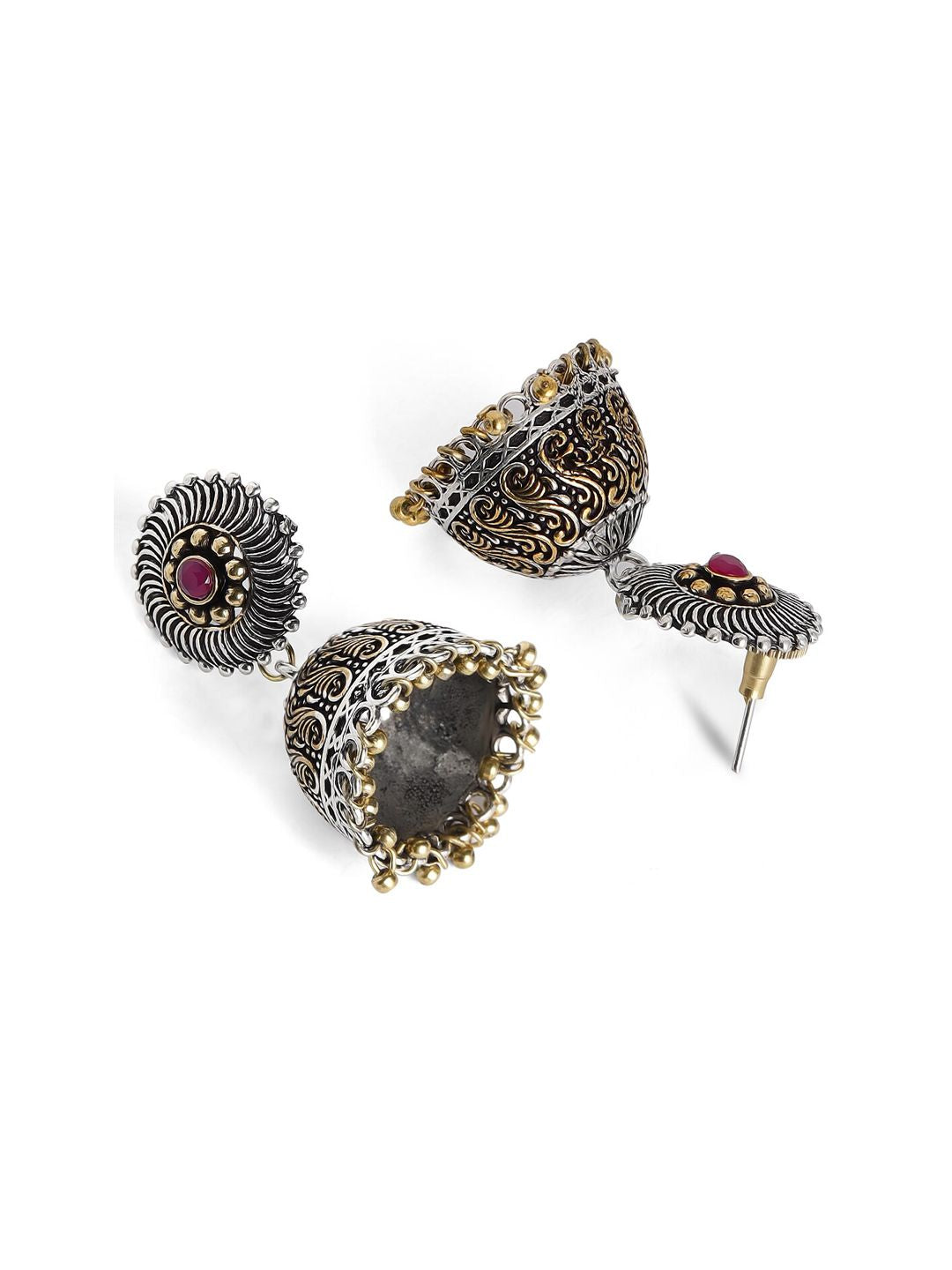 Dhiyona RJ Women's Silver-Plated & Gold-Toned Handcrafted Oxidised Dome Shaped Jhumkas
