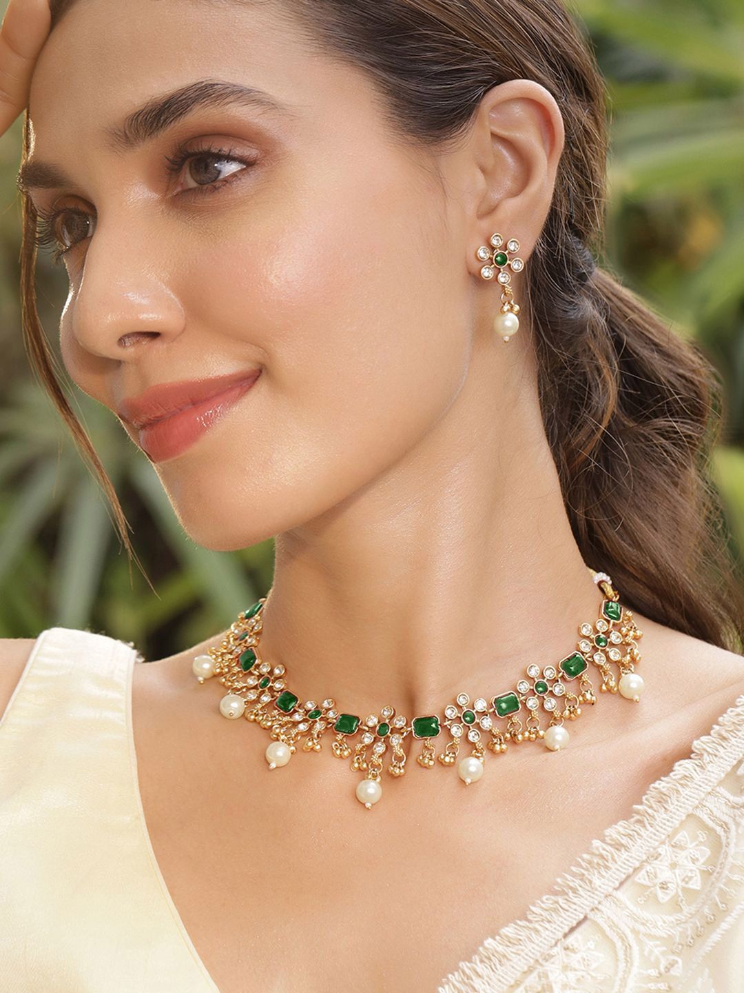Dhiyona RJ Women's 22K Gold Plated Emerald & Zirconia Studded Necklace Set with Gold & Pearl Beaded