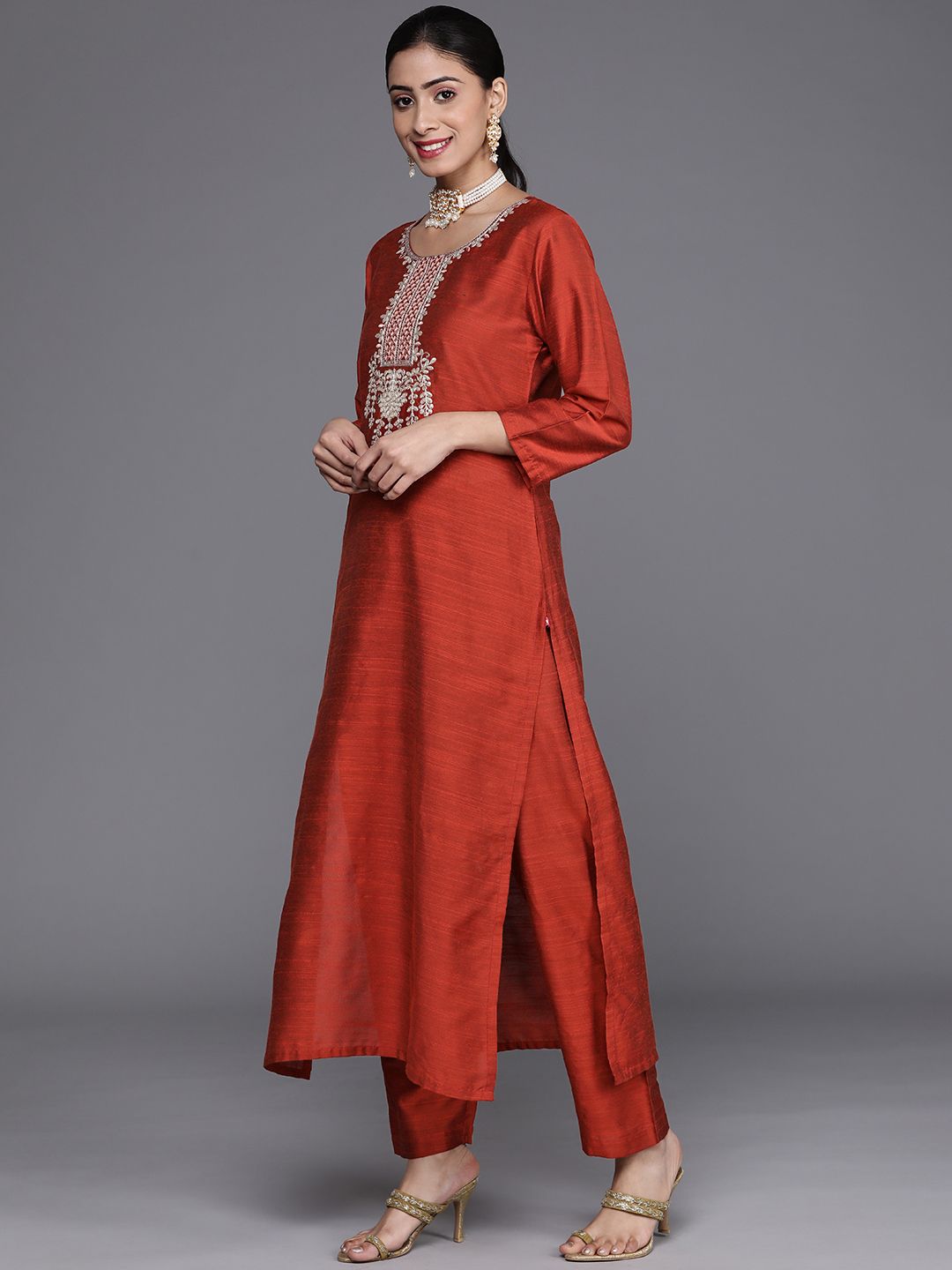 Dhiyona VA Women's Rust Ethnic Motifs Embroidered Dupion Silk Kurta with Trousers & With Dupatta