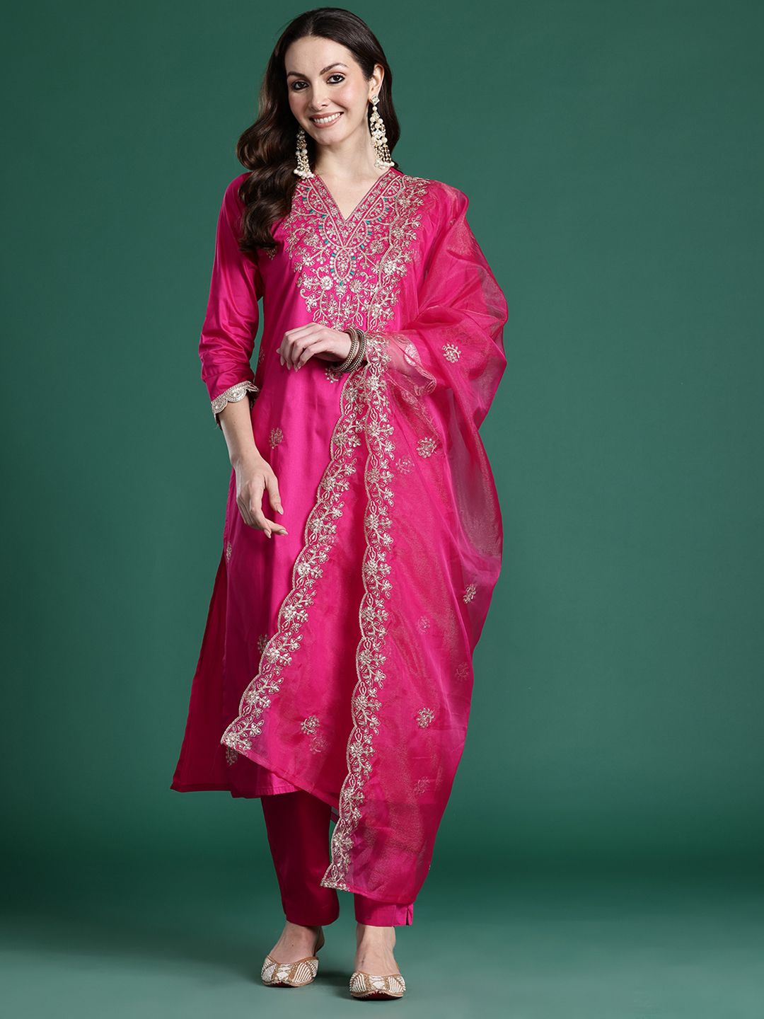 Ethnic Motifs Embroidered Sequinned Kurta with Trousers & With Dupatta