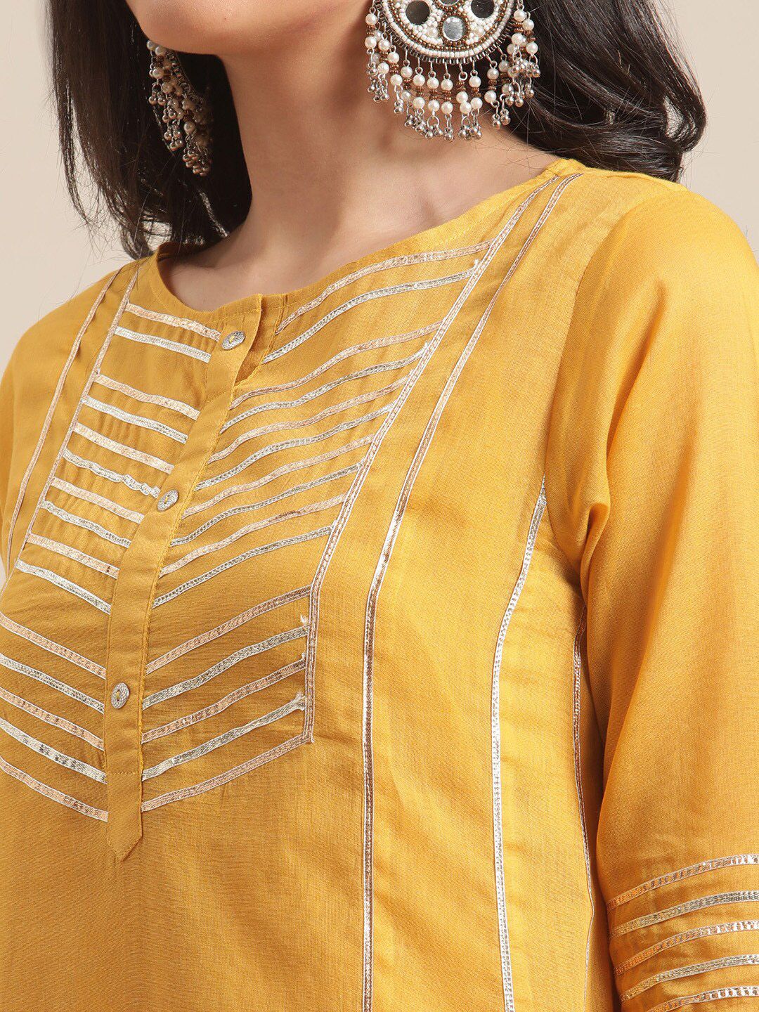 Dhiyona VA Women's Mustard Yellow Panelled Gotta Patti Pure Cotton Kurta with Trousers