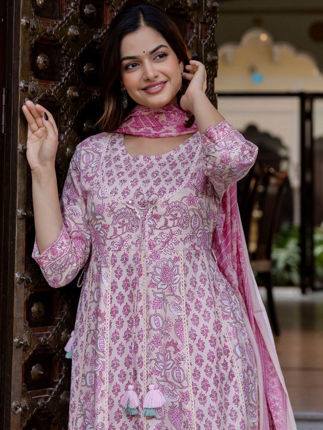 Dhiyona IE Floral Printed Empire Pure Cotton Anarkali Kurta With Trouser & Dupatta