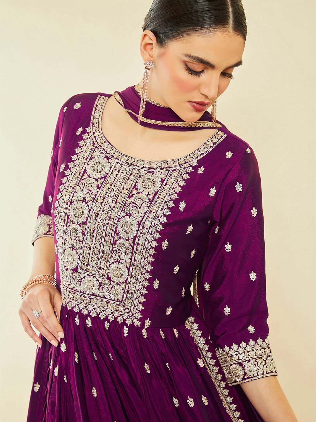 Dhiyona SO Women's Ethnic Motifs Embroidered Sequinned High Slit Kurta With Palazzos & Dupatta