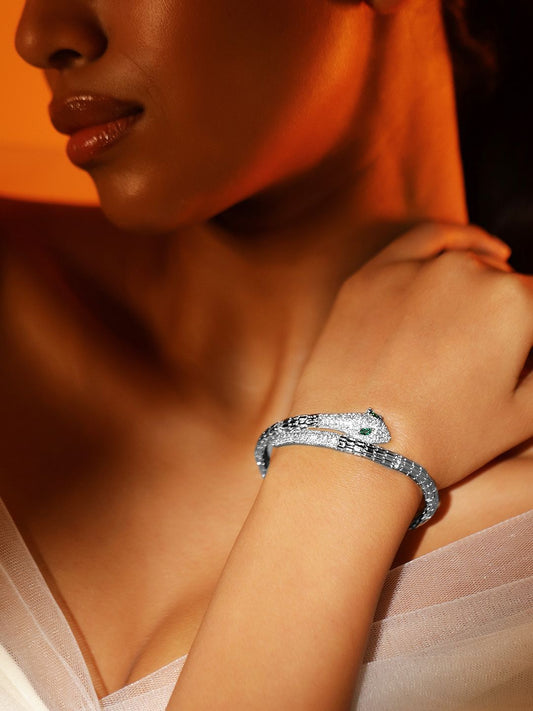 Dhiyona RJ Women's Rhodium-Plated Cubic Zirconia Snake-Inspired Openable Bracelet with Emerald Accents