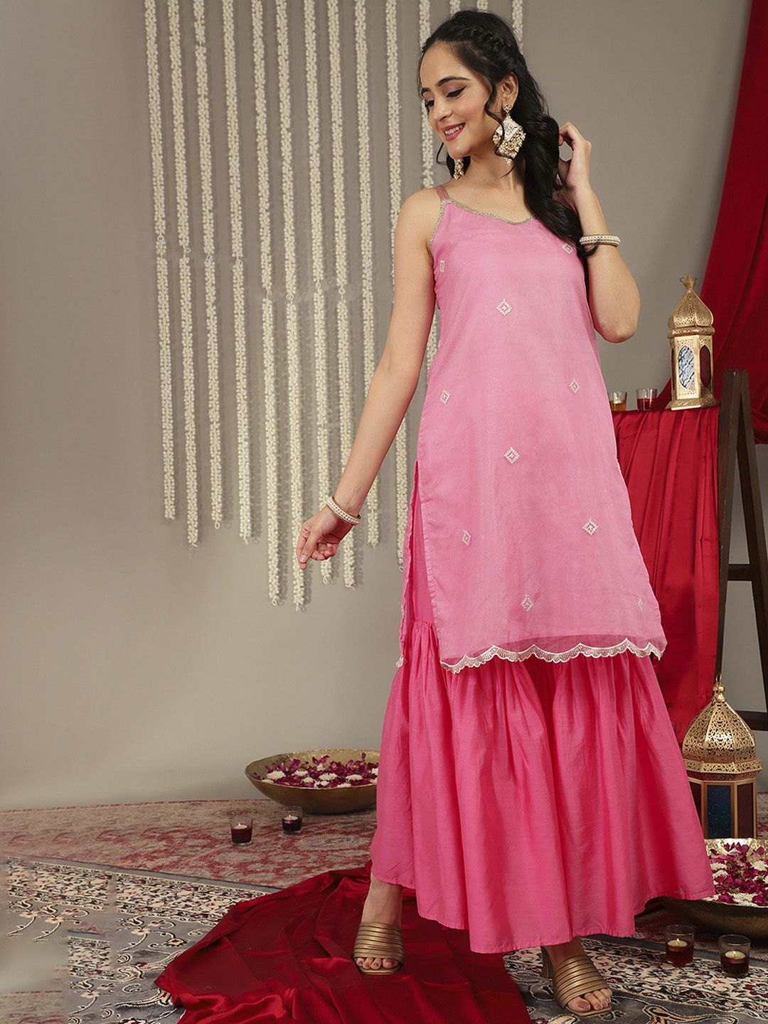 Dhiyona VA Women's Pink Embroidered Sequinned Kurta with Sharara & Dupatta
