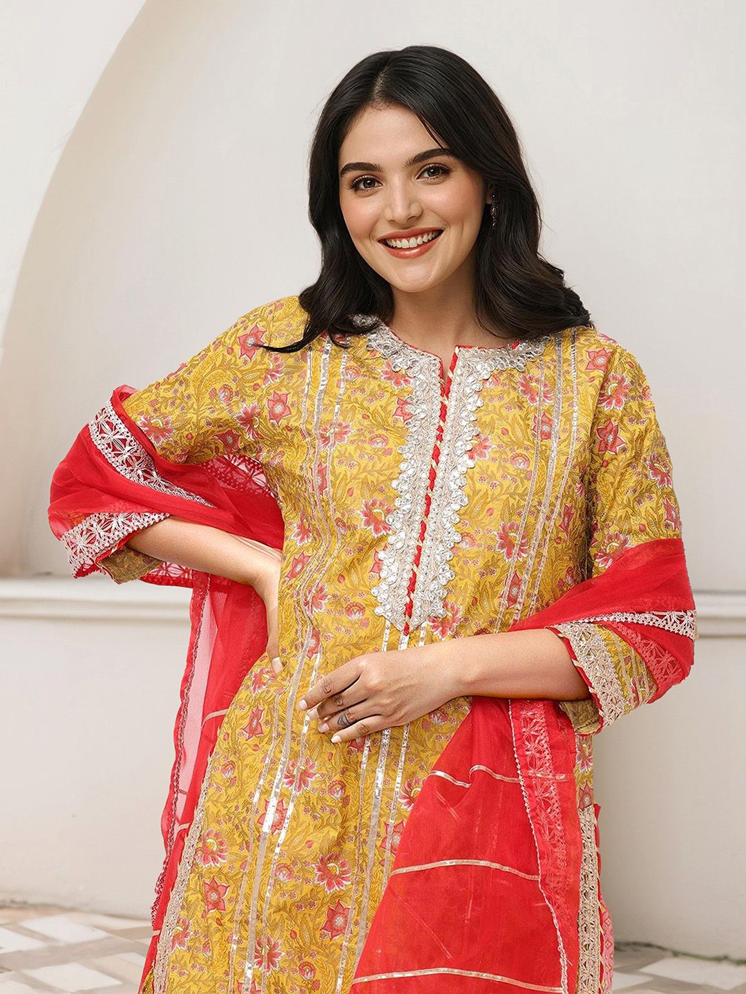 Dhiyona IS Women's Floral Printed Pure Cotton Anarkali Kurta With Sharara & Dupatta