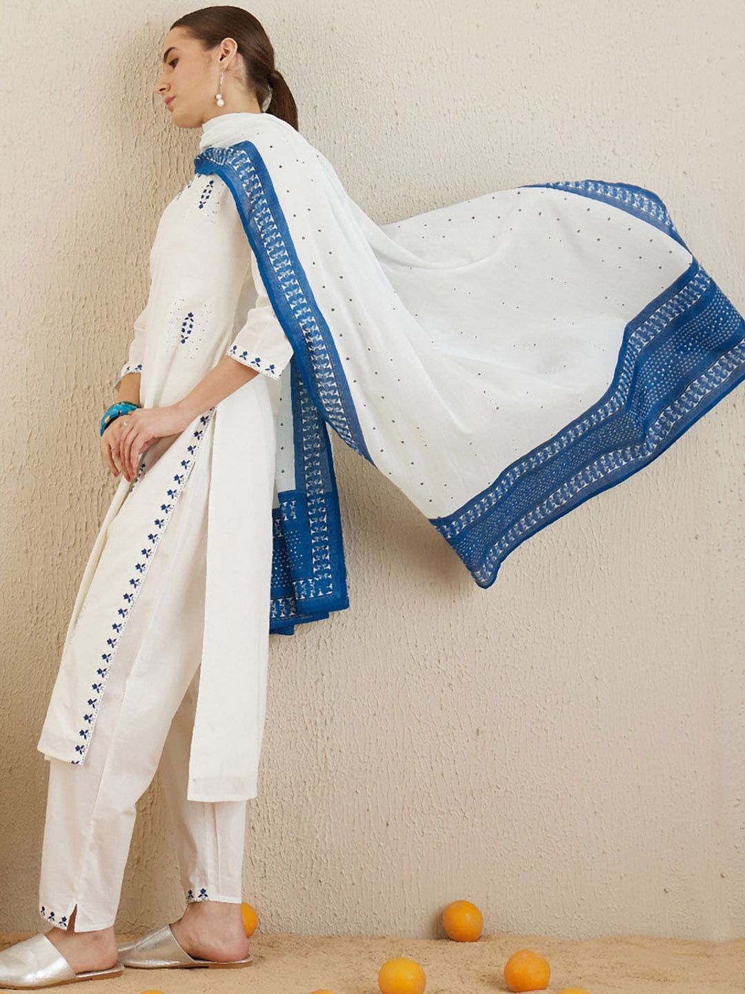 Dhiyona IE Ethnic Motifs Embroidered Thread Work Pure Cotton Kurta with Trousers & Dupatta