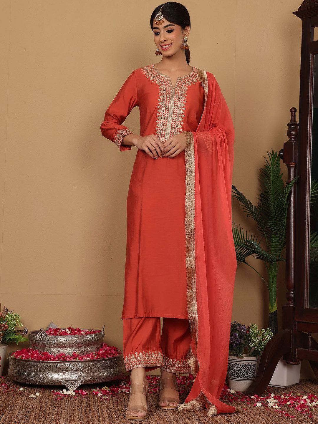 Dhiyona VA Women'sYoke Design Zari Embroidered Sequinned Kurta with Trousers & Dupatta