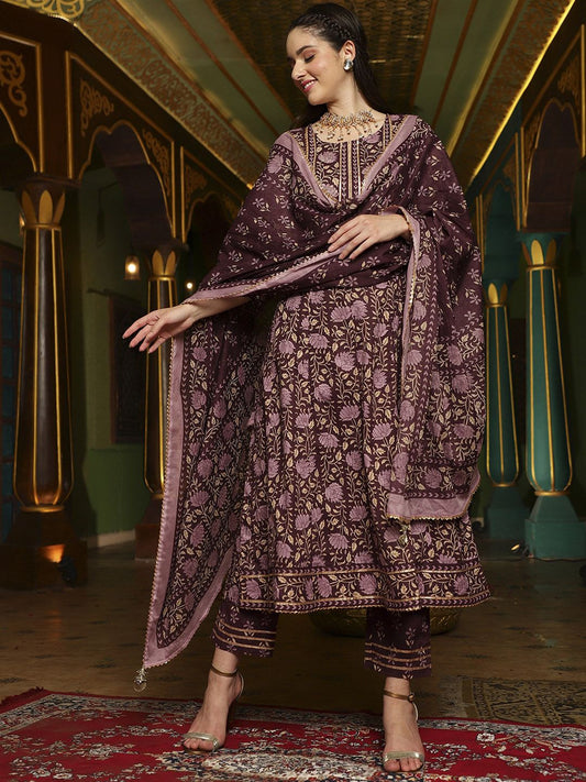 Dhiyona SN Women's Purple Floral Printed Pure Cotton Anarkali Kurta & Trouser With Dupatta