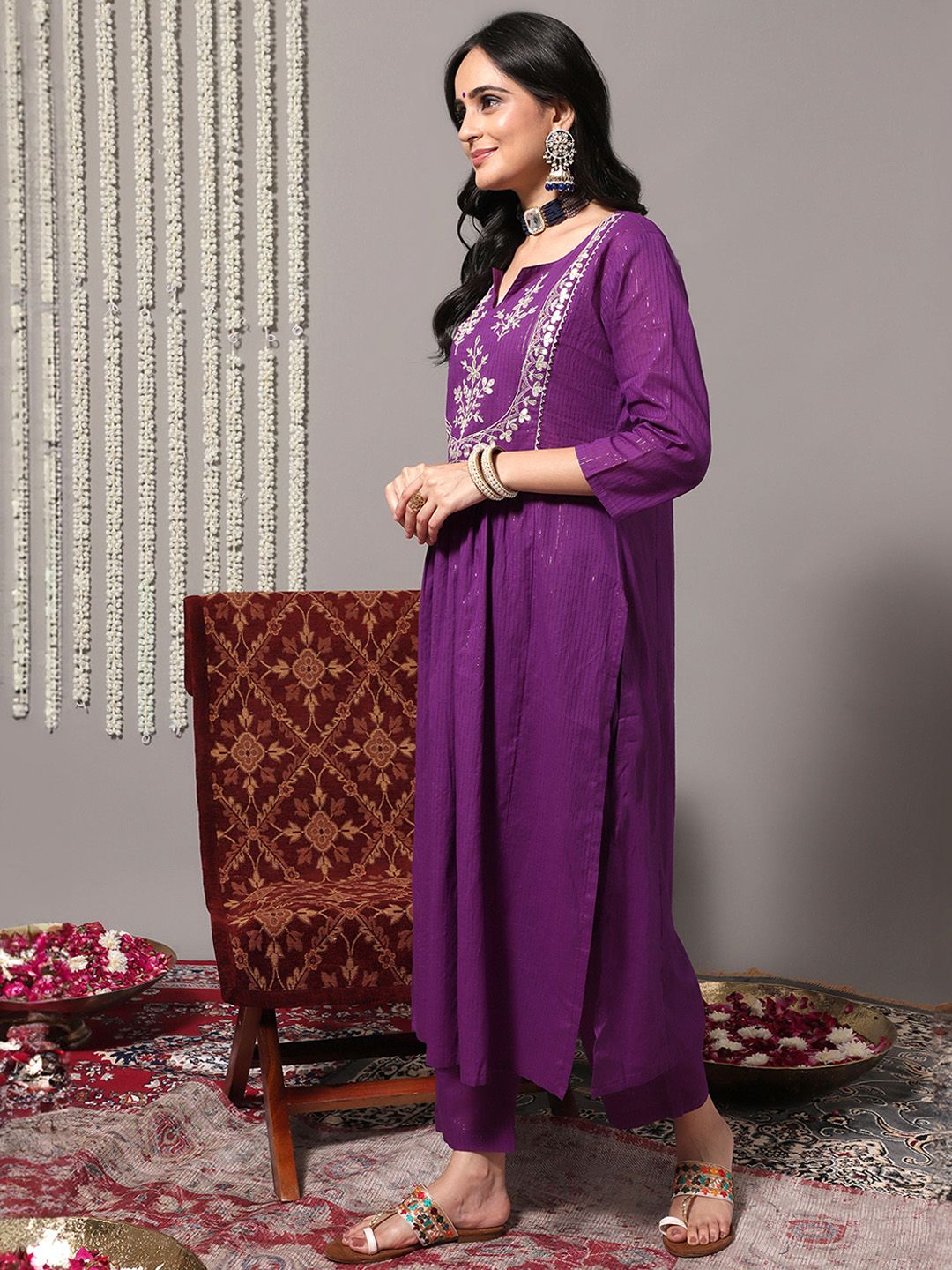Dhiyona VA Women's Purple Ethnic Motifs Yoke Design Pure Cotton Kurta with Trousers & Dupatta