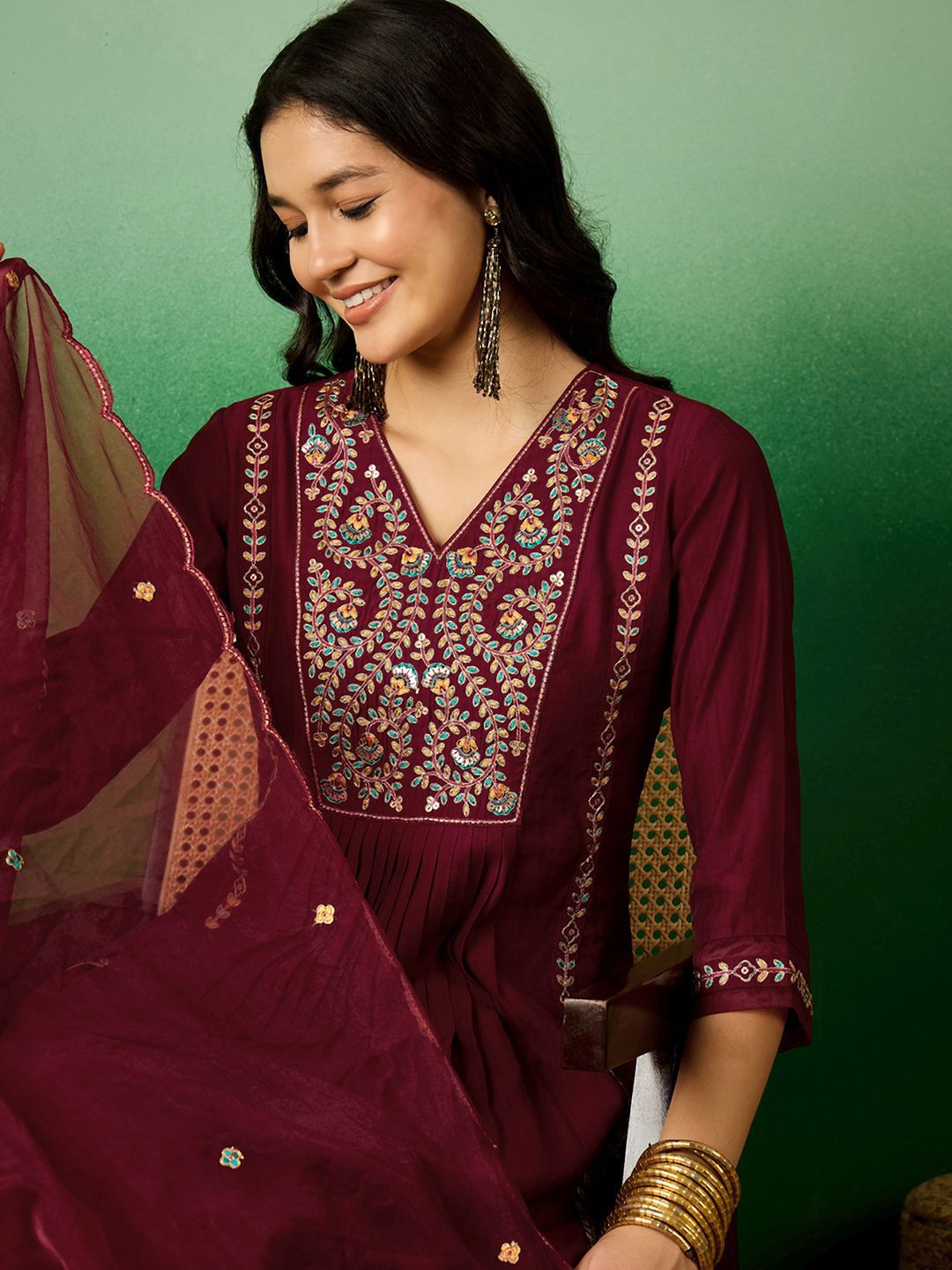 Dhiyona SN Women's Maroon Floral Embroidered V-Neck Sequinned A-Line Kurta With Pant & Dupatta