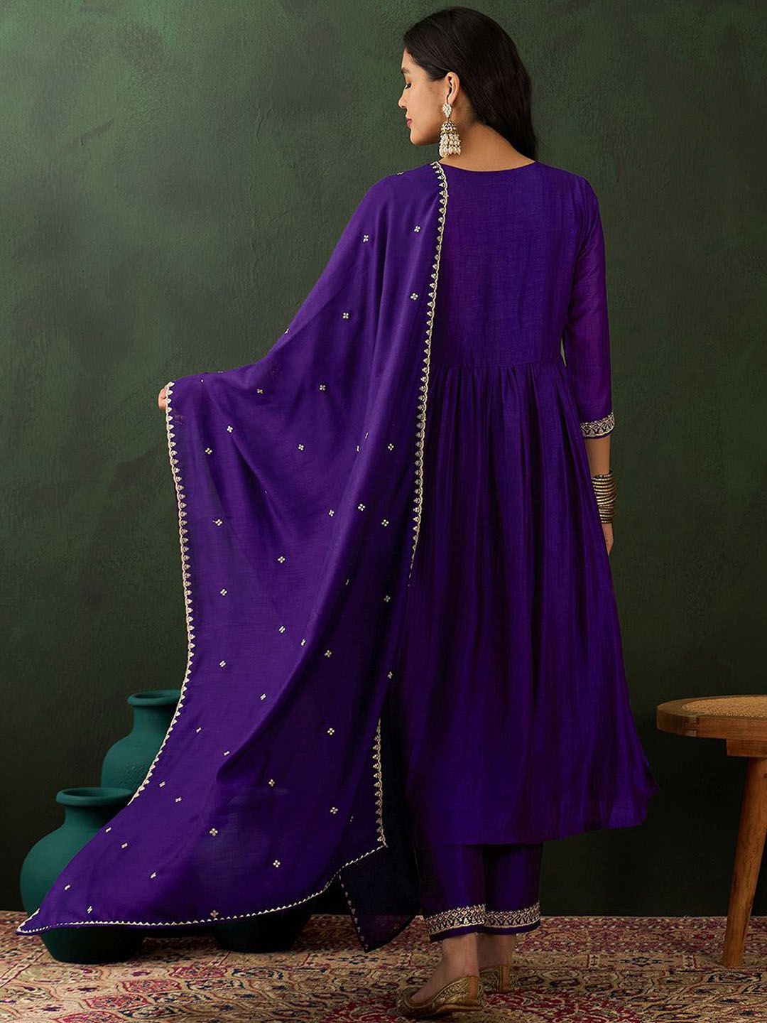 Dhiyona SN Women's Purple Ethnic Motifs Embroidered Keyhole Neck A-Line Kurta With Trouser & Dupatta