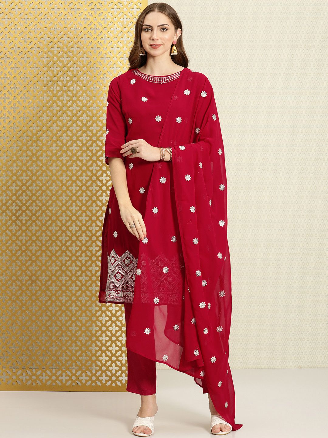 Dhiyona PD Women Women Jashn Ethic Motifs Sequined Zari Work Kurta & Trousers With Dupatta