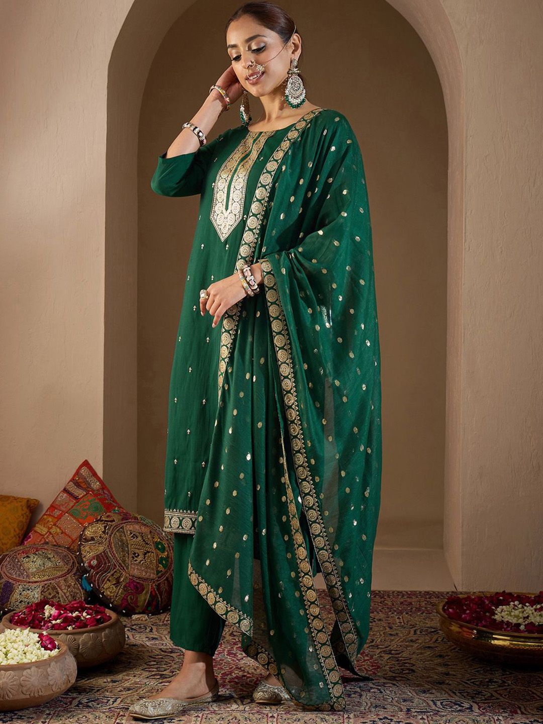 Dhiyona IE Women Ethnic Motifs Embroidered Regular Sequinned Kurta with Trousers & With Dupatta