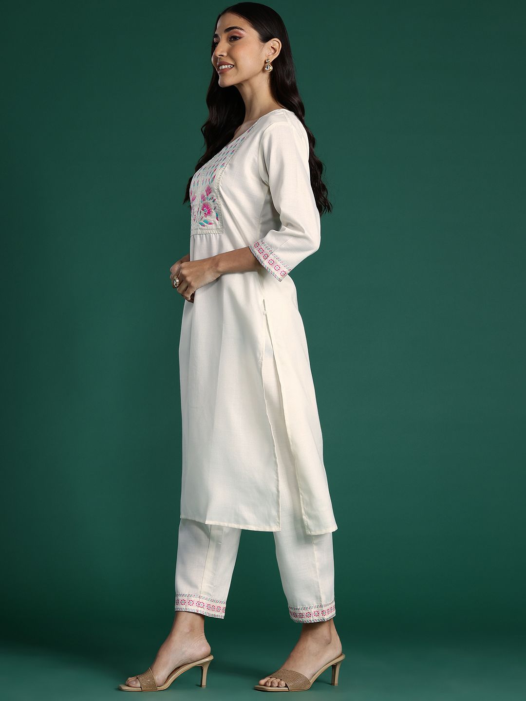 Dhiyona IE Yoke Design Zari Pure Cotton Kurta With Trousers & Dupatta