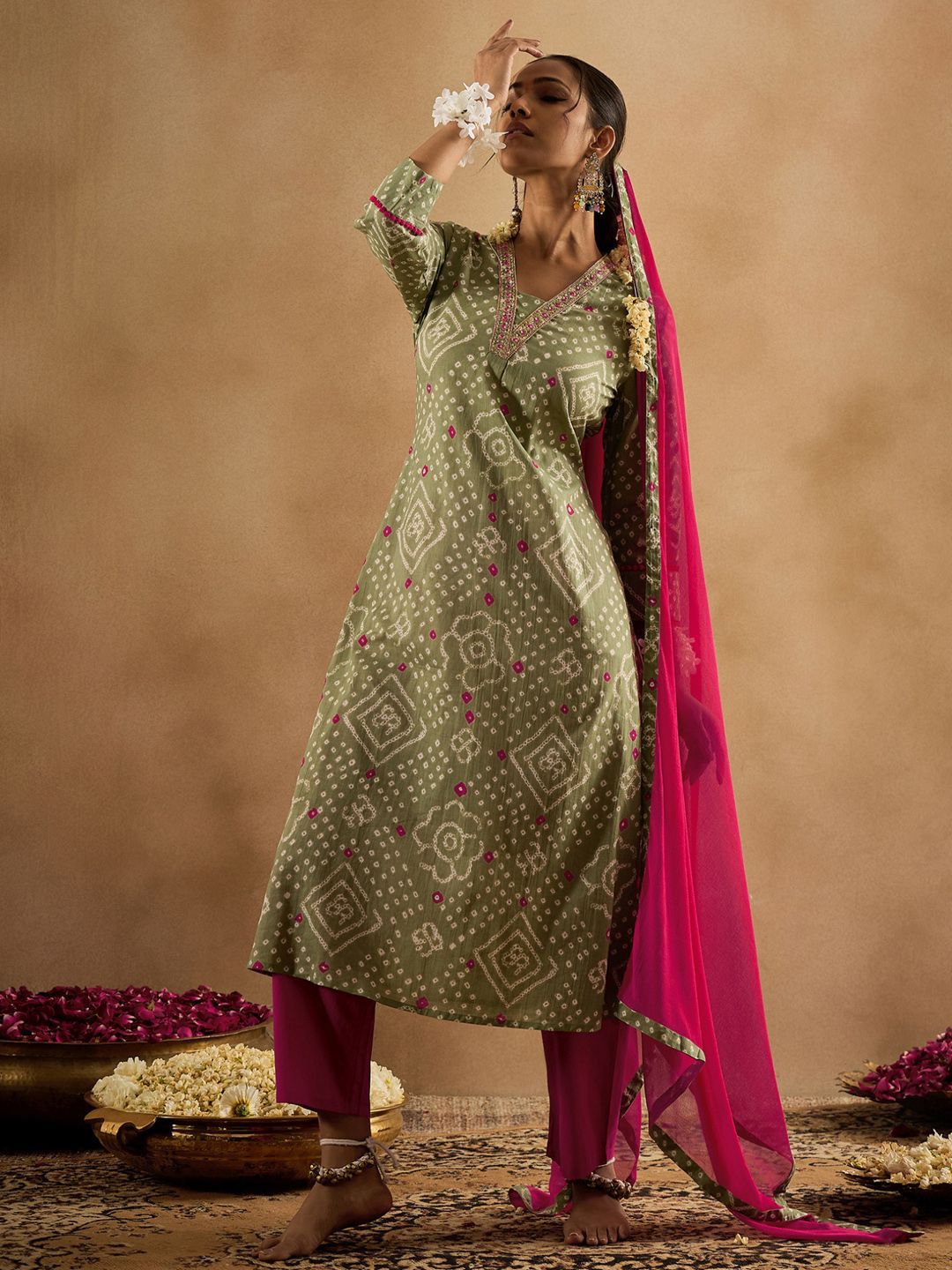 Dhiyona IE Bandhani Printed Pure Cotton Kurta With Trousers & Dupatta