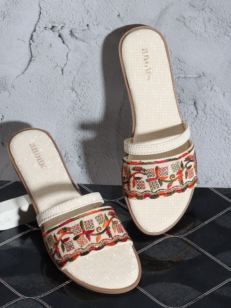 Dhiyona AK Cream-Coloured Embellished Open Toe Flats
