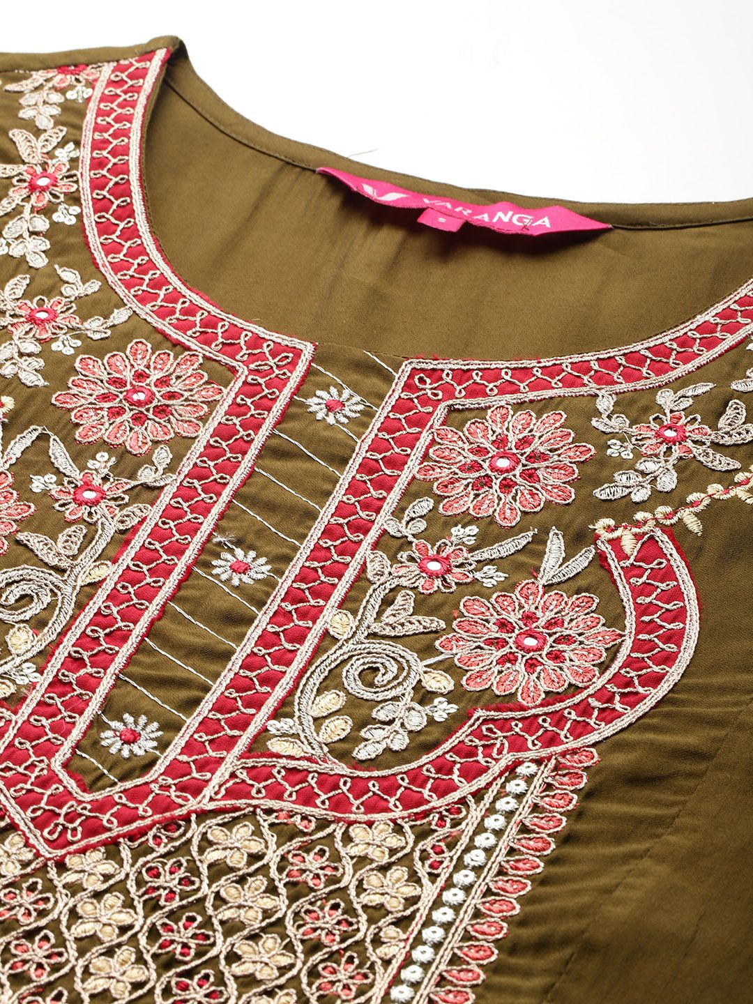 Dhiyona VA Women'sFloral Embroidered Zari Panelled Kurta With Palazzos & Dupatta