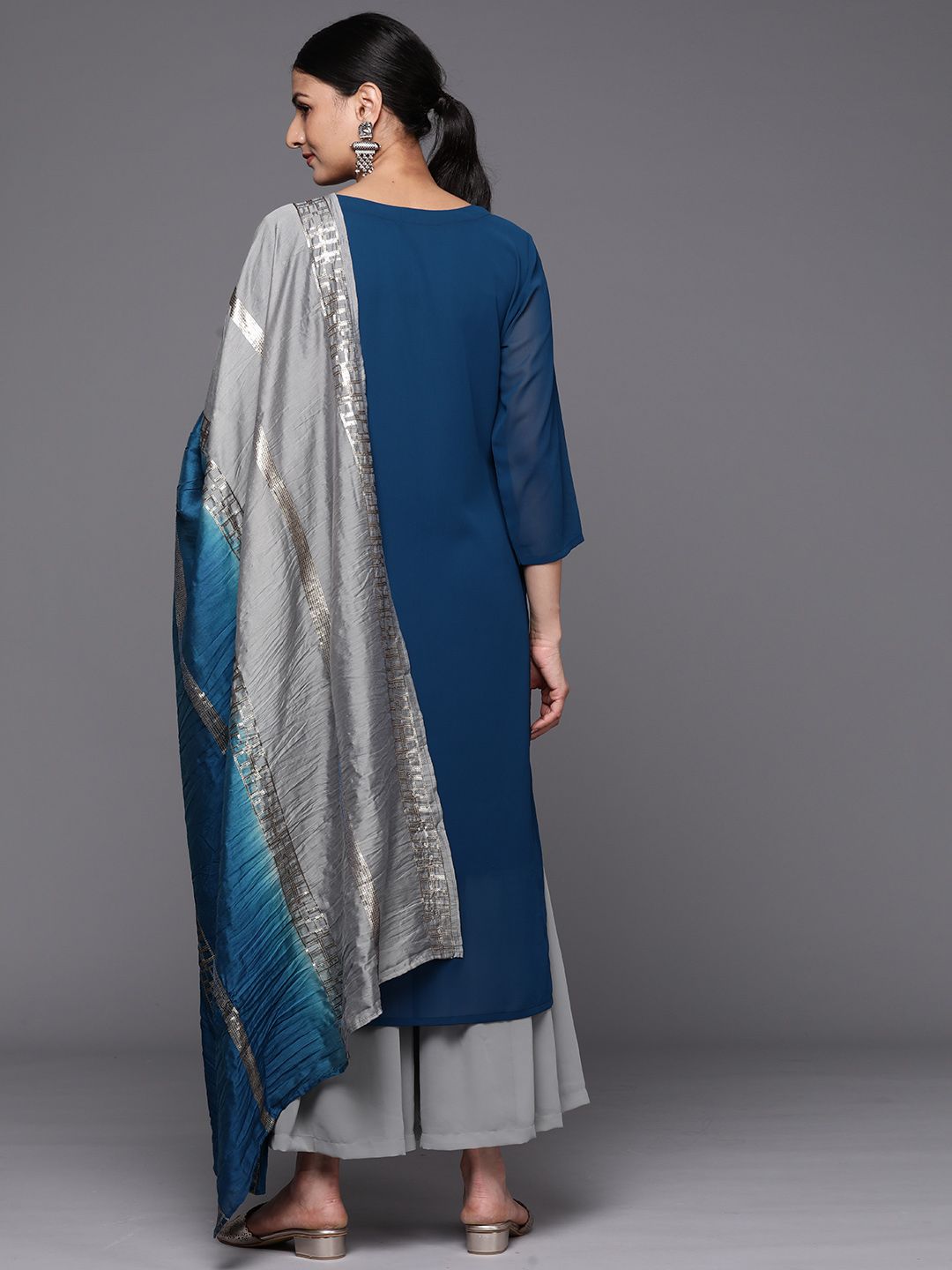 Dhiyona VA Women's Grey Embroidered Sequinned Silk Georgette Kurta with Sharara & With Dupatta