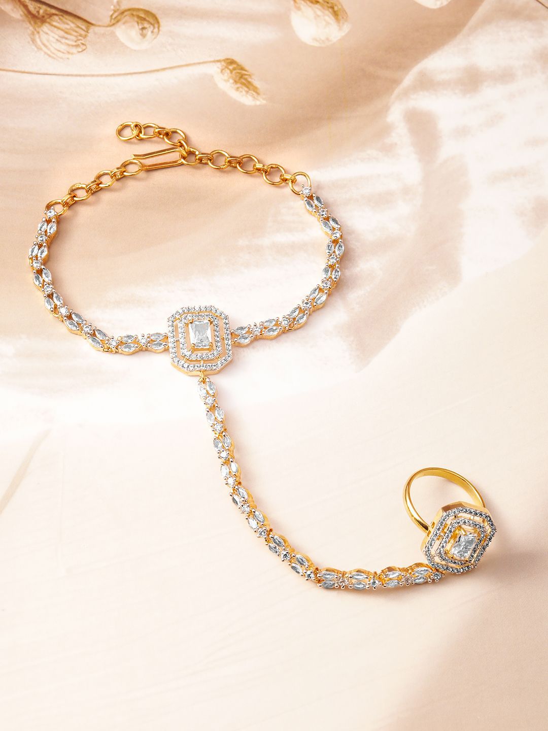 Dhiyona RJ Women's 18KT Gold-Plated Cubic Zirconia Studded Hand Harness Ring Bracelet